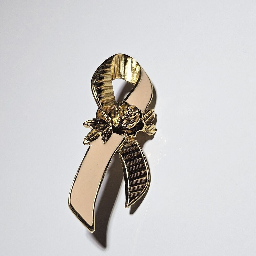 Vintage Avon Pink Ribbon Pin Brooch Breast Cancer Awareness Rose Gold Tone